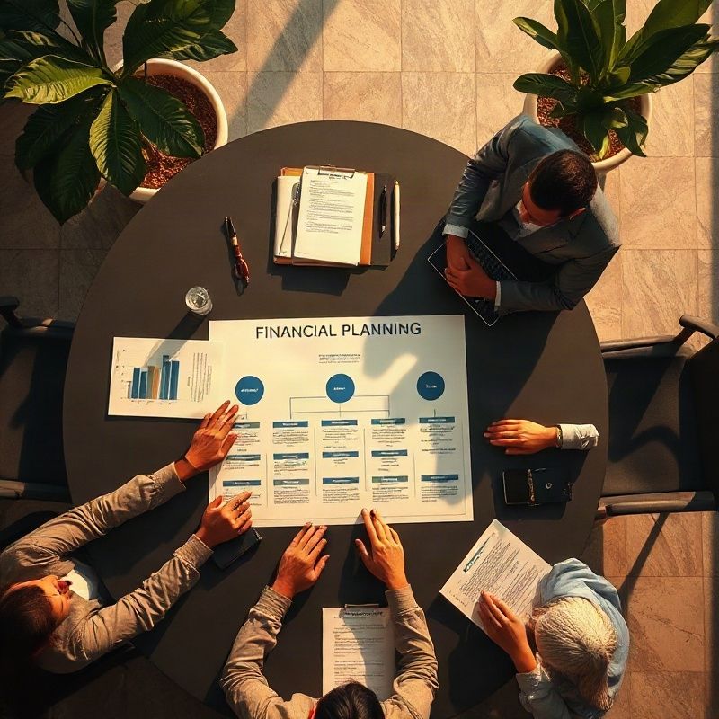 Reunião de planejamento com organogramas e documentos legais sobre mesa de conferência charcoal