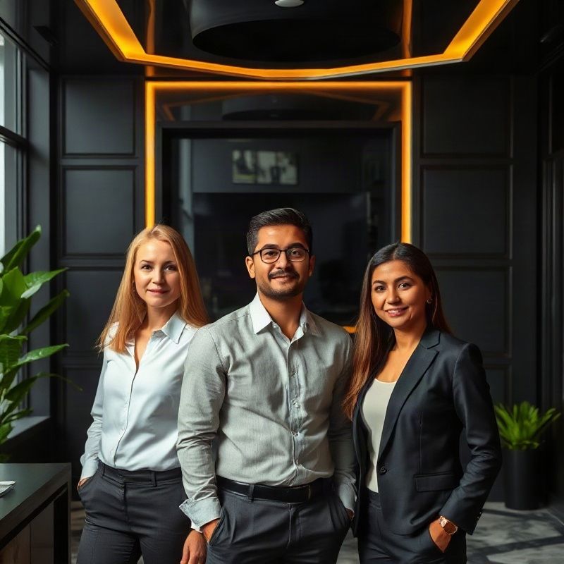 Equipe de profissionais financeiros da Alphajforge em escritório de Salvador com paredes charcoal e iluminação dourada