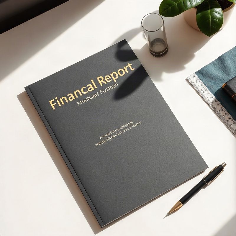 Relatório financeiro estruturado em papel premium com capa charcoal e título em dourado