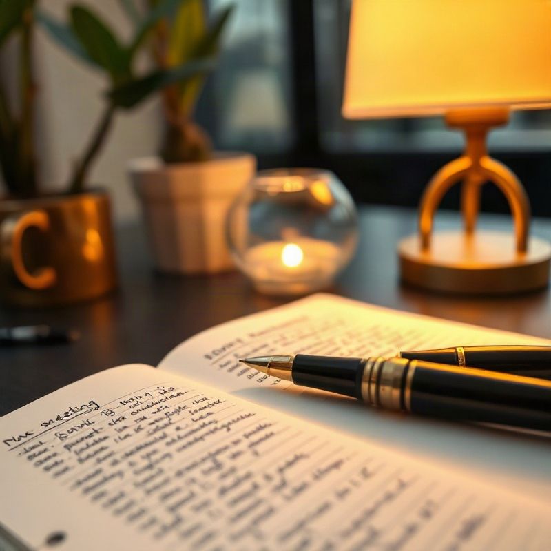 Caderno aberto com anotações manuscritas e caneta charcoal, iluminado por luminária dourada